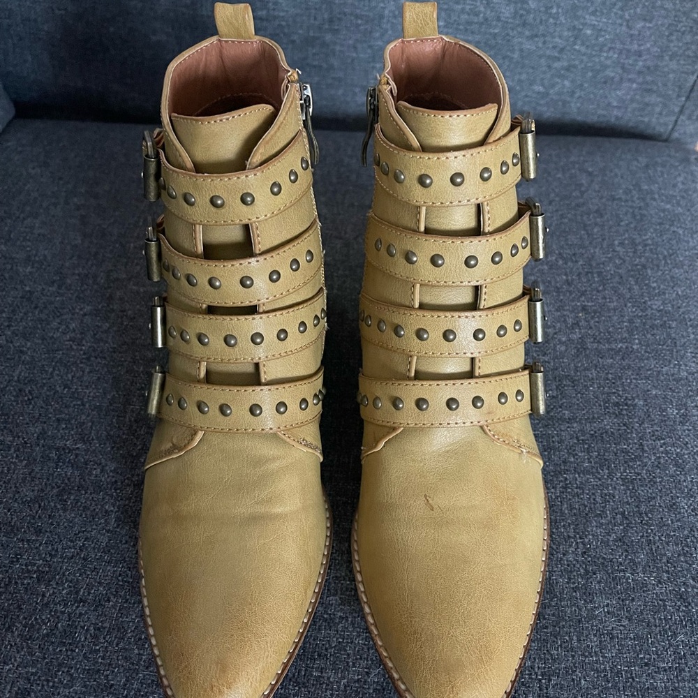 BEAST FASHION Tan Ankle Boots with Decorative Straps
